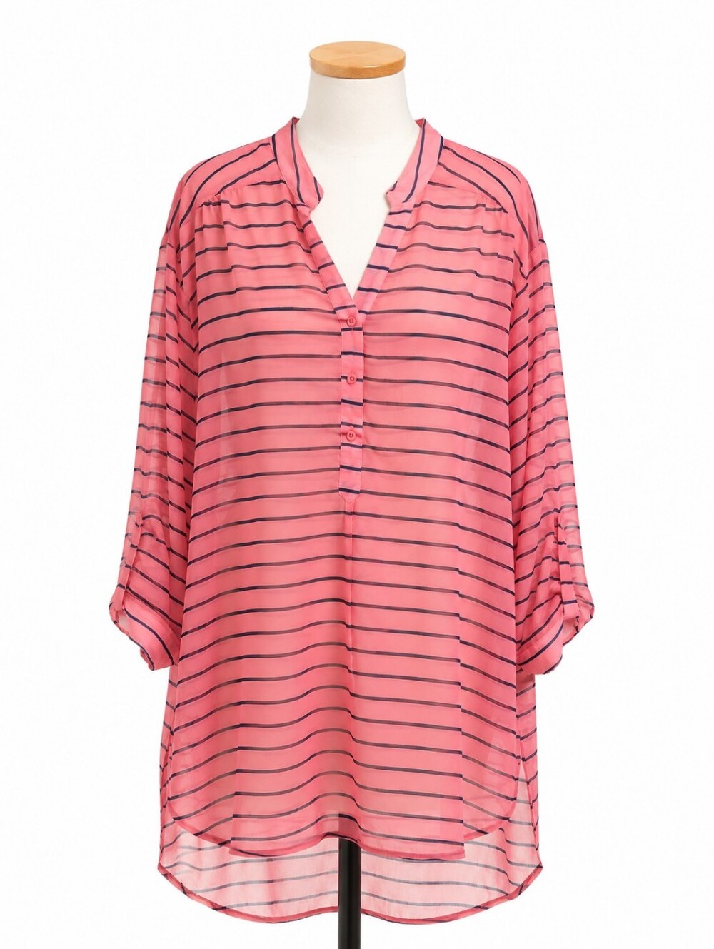 Cato Plus Size 26W 28W Blouse Orange Navy Blue Striped Sheer Tunic Top NWT